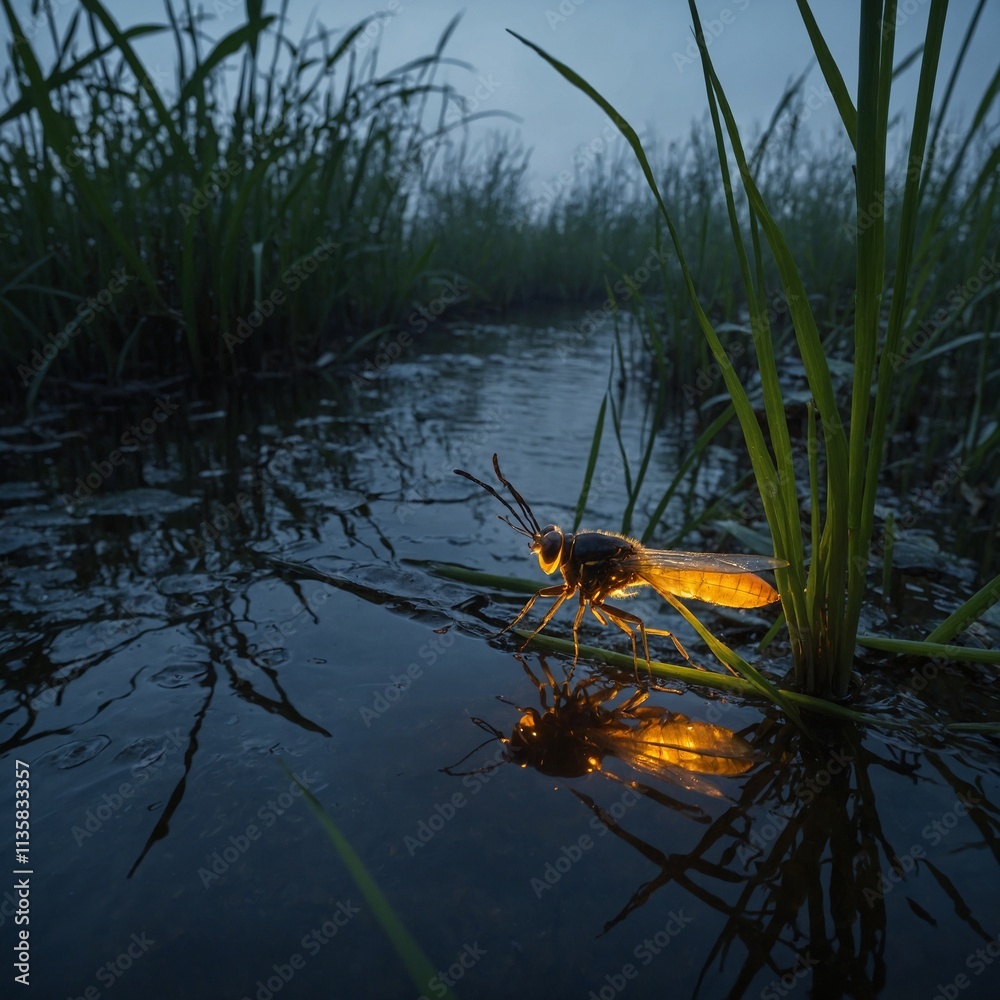 Fototapeta premium A firefly glowing among reeds on a misty riverbank at night.
