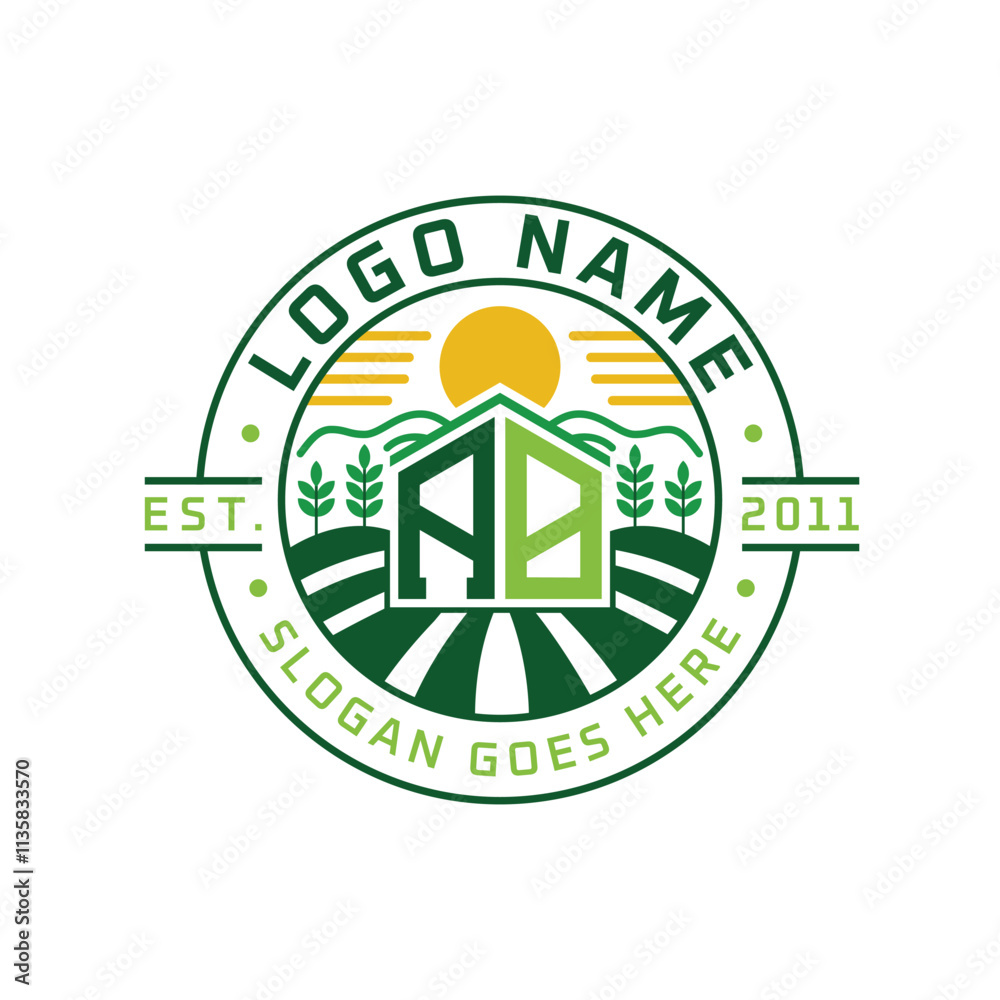 Modern Farmhouse AB Logo Design. Letter AB Agriculture Logo with Sun, Field, and Nature Elements Modern Farmhouse AB Logo Design. Letter AB Agriculture Logo with Sun, Field, and Nature Elements
