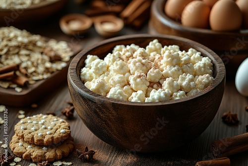 A wooden bowl filled with white, fluffy cottage cheese, surrounded by ingredients like oats, cinnamon, star anise, and cookies, suggesting a homemade dessert recipe. photo