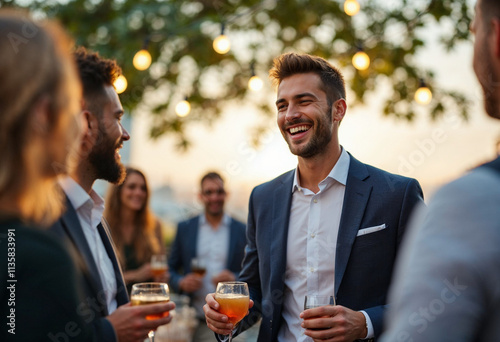 Charismatic Businessman Networking at a Rooftop Event