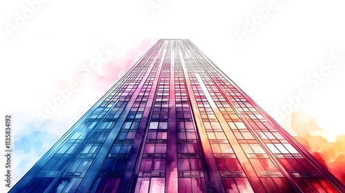 Wallpaper Mural A Vibrant Perspective of a Skyscraper Amongst a Colorful Skyline with Artistic Watercolor Effects Evoking a Sense of Urban Modernity and Architectural Innovation Torontodigital.ca