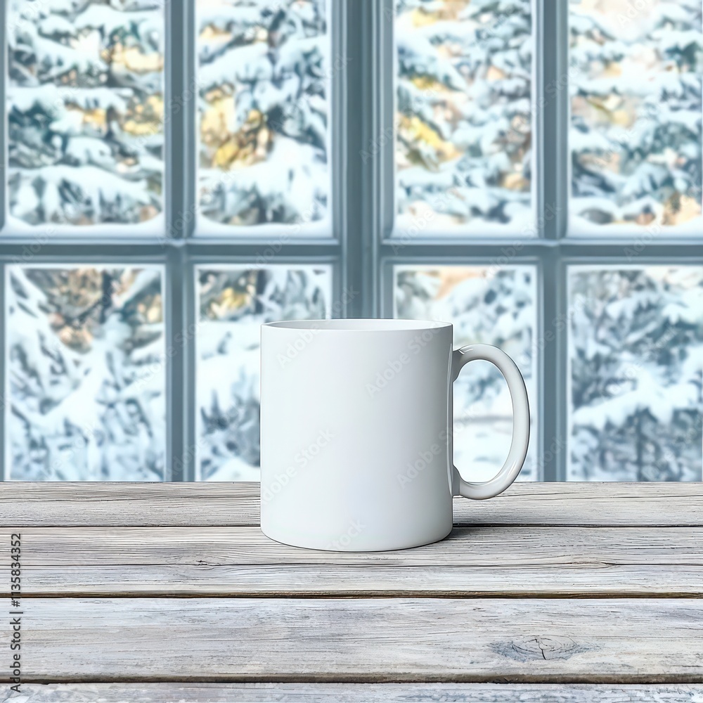 Blank White Mug Mockup Winter Window Cozy Coffee Hot Drink Blank White Mug Mockup Winter Window Cozy Coffee Hot Drink