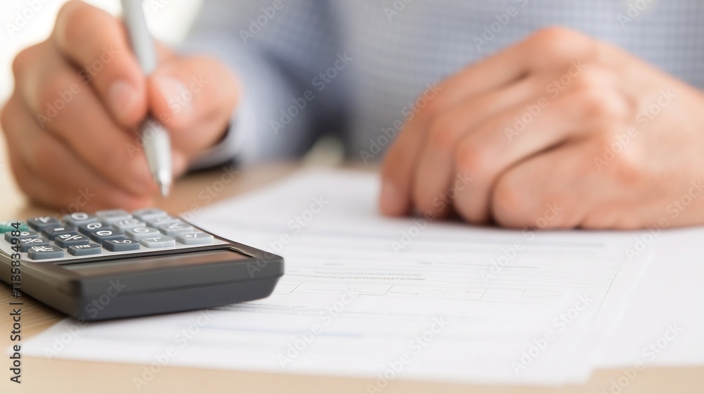 Reviewing Business Invoices and Deductions with Calculator and Receipts Reviewing Business Invoices and Deductions with Calculator and Receipts