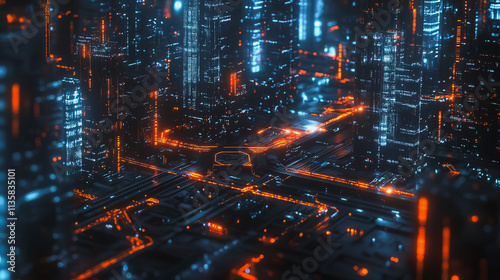Smart digital Innovation city with connection network reciprocity over the cityscape. of future smart wireless digital city and social media networking systems that connects people with in city