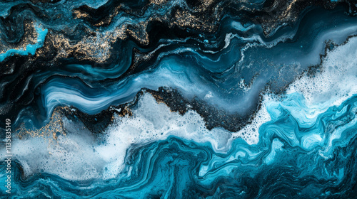 Abstract ocean waves with blue and gold textures creating a serene backdrop