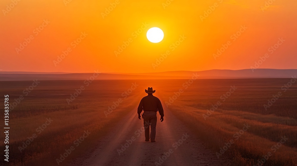 Farmer Guiding Tractor Down Rustic Dirt Road at Scenic Sunset Farmer Guiding Tractor Down Rustic Dirt Road at Scenic Sunset