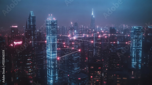 Wallpaper Mural Smart digital Innovation city with connection network reciprocity over the cityscape. of future smart wireless digital city and social media networking systems that connects people with in city Torontodigital.ca