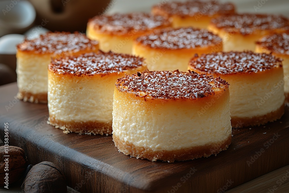 Close-up of mini cheesecakes with a sprinkle of cinnamon and sugar on top, arranged on a wooden cutting board. Close-up of mini cheesecakes with a sprinkle of cinnamon and sugar on top, arranged on a wooden cutting board.