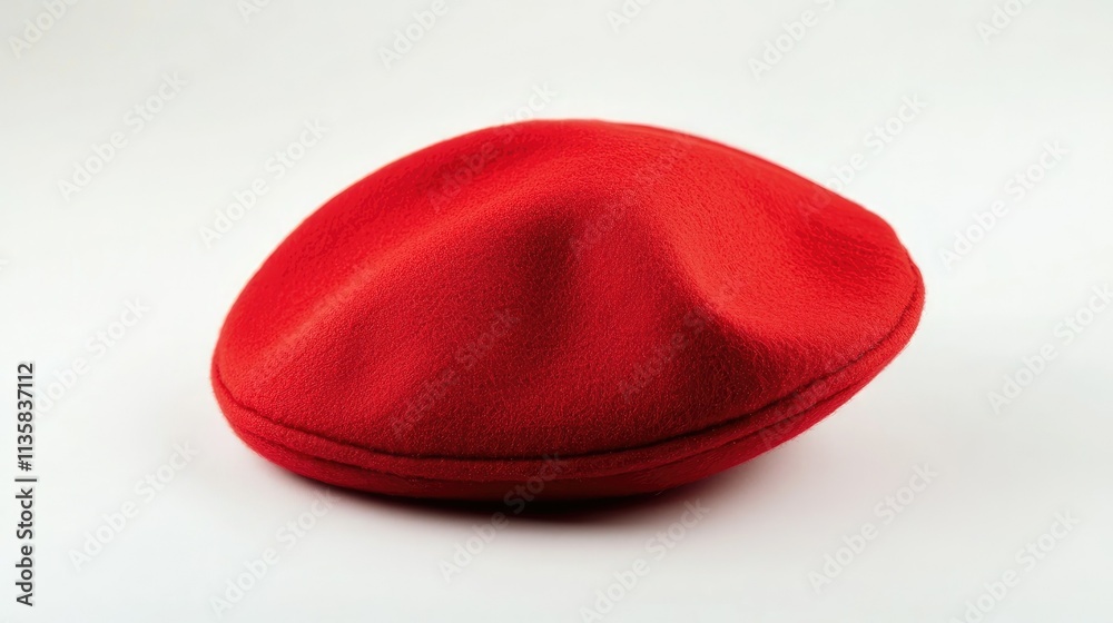 A Soft and Vibrant Red Beret Hat on a Neutral Background Showcasing Its Unique Shape and Texture, Perfect for Fashion and Costume Themes in Stock Imagery A Soft and Vibrant Red Beret Hat on a Neutral Background Showcasing Its Unique Shape and Texture, Perfect for Fashion and Costume Themes in Stock Imagery