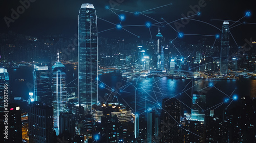 Wallpaper Mural Smart digital Innovation city with connection network reciprocity over the cityscape. of future smart wireless digital city and social media networking systems that connects people with in city Torontodigital.ca