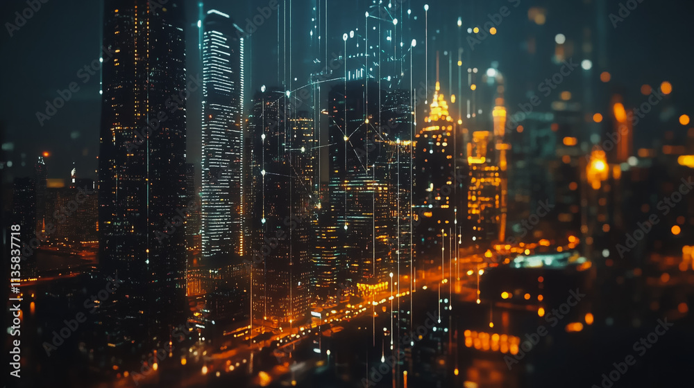 Smart digital Innovation city with connection network reciprocity over the cityscape. of future smart wireless digital city and social media networking systems that connects people with in city Smart digital Innovation city with connection network reciprocity over the cityscape. of future smart wireless digital city and social media networking systems that connects people with in city