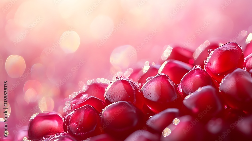 A dynamic macro view of pomegranate seeds, glowing ruby tones illuminated by soft backlight, reflections adding depth and vibrancy, pastel pink background offering an elegant backdrop, A dynamic macro view of pomegranate seeds, glowing ruby tones illuminated by soft backlight, reflections adding depth and vibrancy, pastel pink background offering an elegant backdrop,