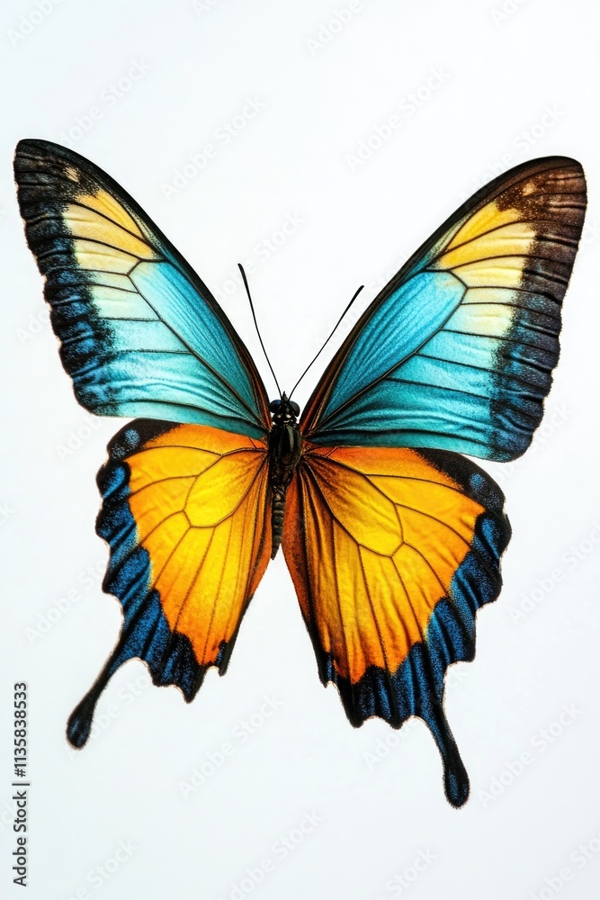 Fototapeta premium Blue and Yellow Butterfly on White Background