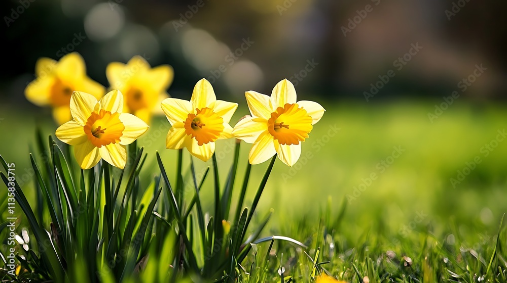 Spring Daffodils in a Sunny Meadow. Concept of Spring, Rebirth, and New Beginnings. Spring Daffodils in a Sunny Meadow. Concept of Spring, Rebirth, and New Beginnings.