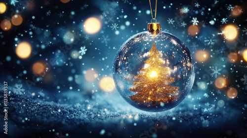 A Christmas gift with a golden Christmas tree inside a glass ball.