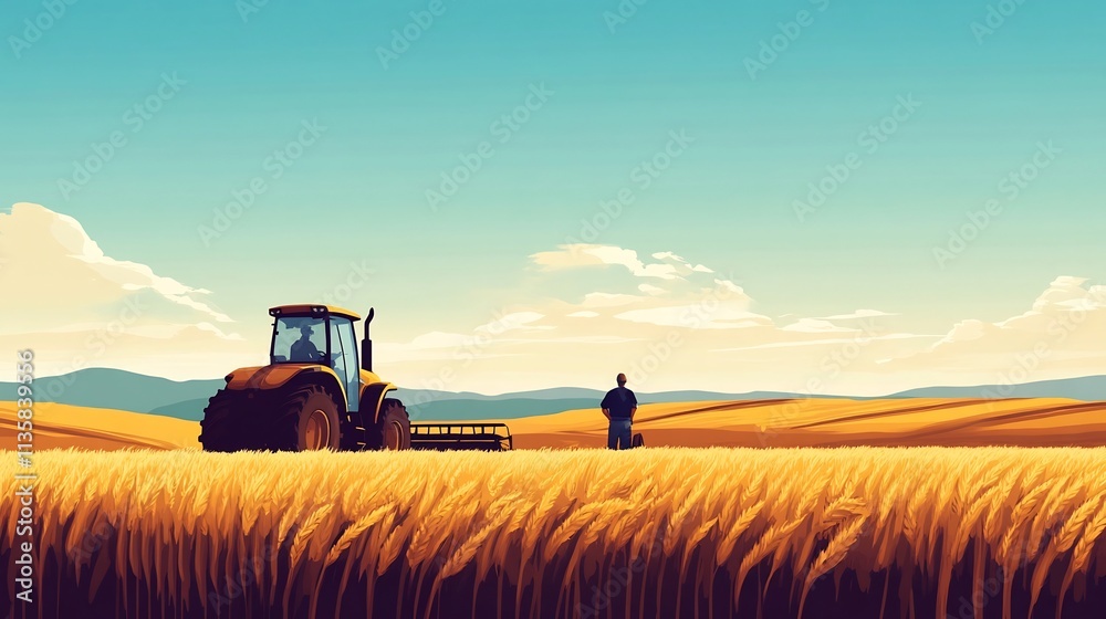Fototapeta premium Farmer Harvesting Crops in Golden Farmland with Tractor and Expansive Countryside