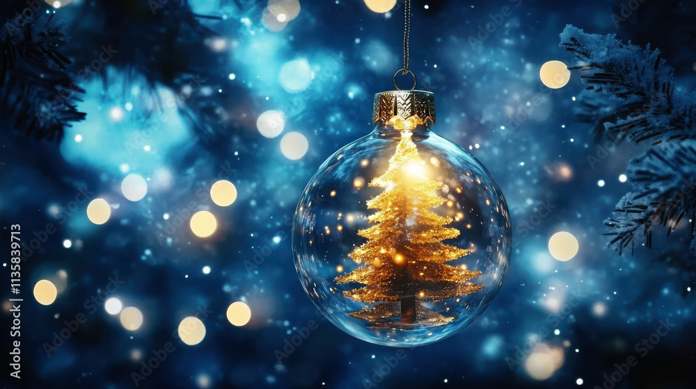 A Christmas gift with a golden Christmas tree inside a glass ball.