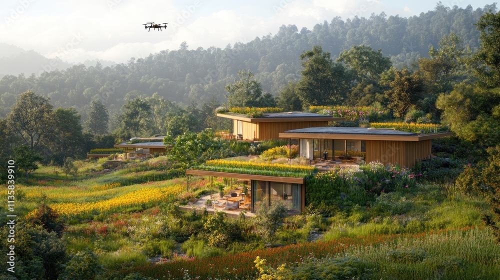 Obraz premium Modern eco-friendly homes surrounded by vibrant nature and a drone overhead.