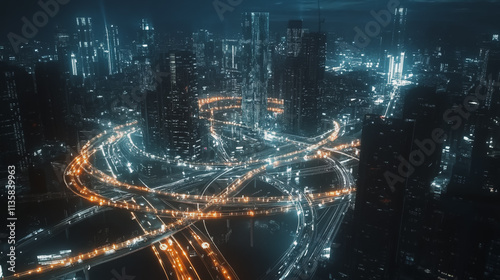 Smart digital Innovation city with connection network reciprocity over the cityscape. of future smart wireless digital city and social media networking systems that connects people with in city