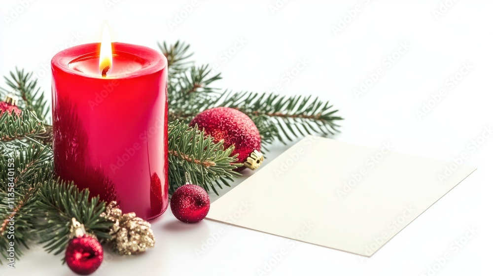 A glowing red Christmas candle surrounded by festive greenery and a blank card, isolated on a bright white background A glowing red Christmas candle surrounded by festive greenery and a blank card, isolated on a bright white background