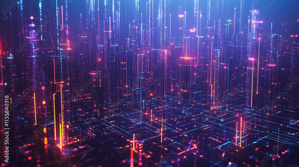 Fototapeta premium Smart digital Innovation city with connection network reciprocity over the cityscape. of future smart wireless digital city and social media networking systems that connects people with in city