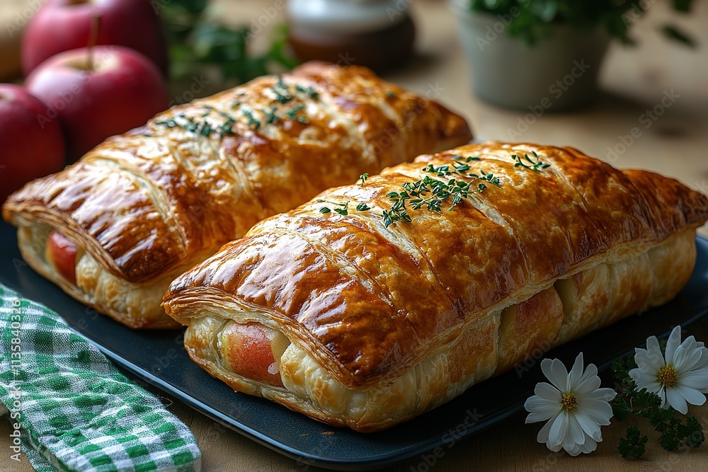 Two golden brown pastries filled with sausage and apples,  ready to be served on a black platter.
