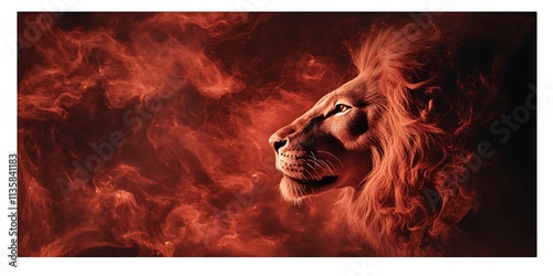 Lion in the smoke and clouds, front view, fantasy style, cinematic, movie poster, red frame, epic, cinematic lighting, vibrant colors, ultra-realistic photography. on white background No noise neat photo