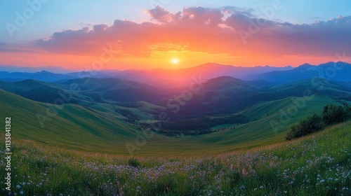 A stunning sunset over rolling hills, showcasing vibrant colors and lush greenery.