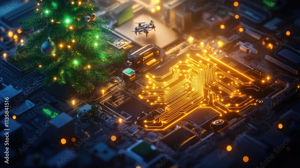 Fototapeta premium Festive circuit: christmas tree and drone on glowing microchip technology. Happy New Year. Merry Christmas