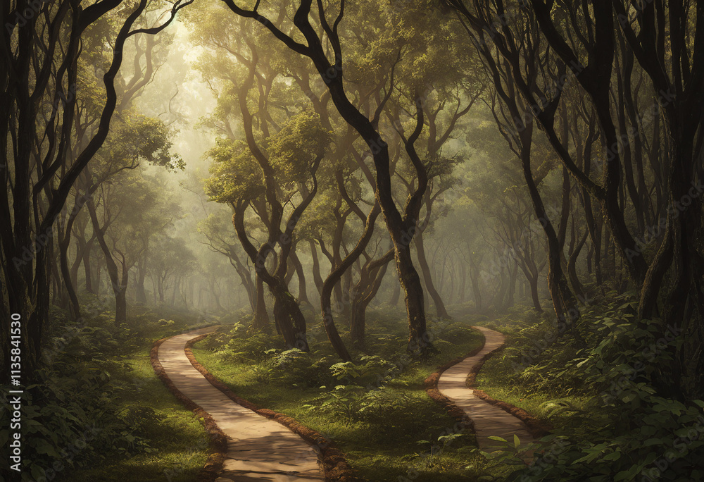 Naklejka premium Ornate Product Display on Plain Background with Enchanting Forest Pathway Concept