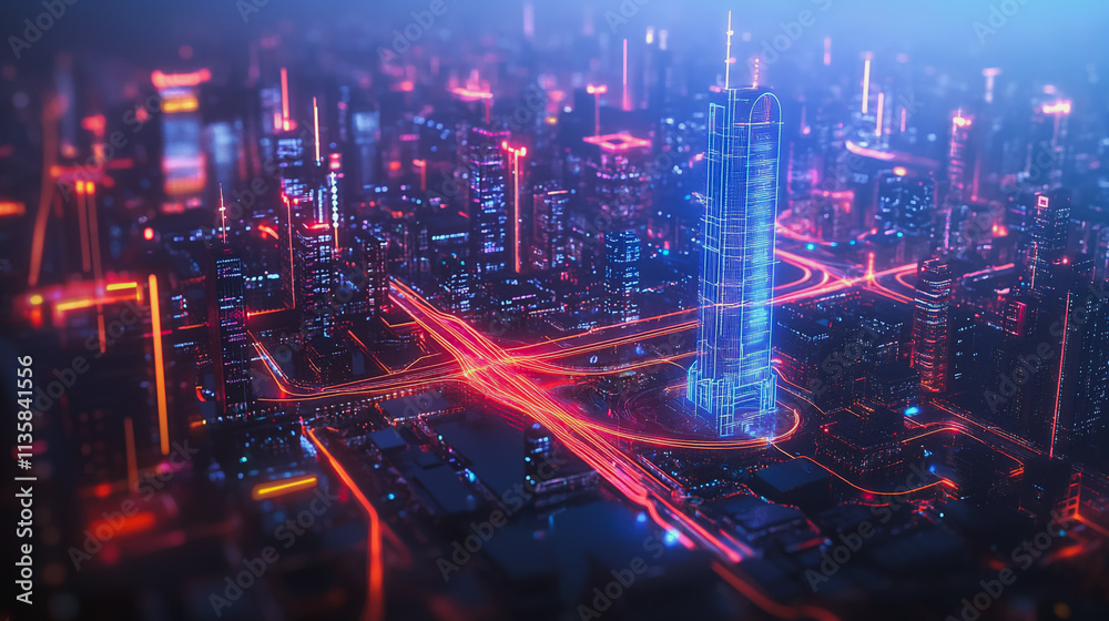 Smart digital Innovation city with connection network reciprocity over the cityscape. of future smart wireless digital city and social media networking systems that connects people with in city
