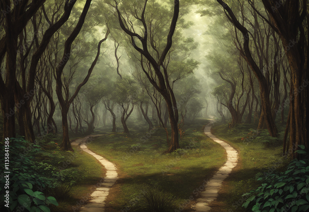 Obraz premium Ornate Product Display on Plain Background with Enchanting Forest Pathway Concept