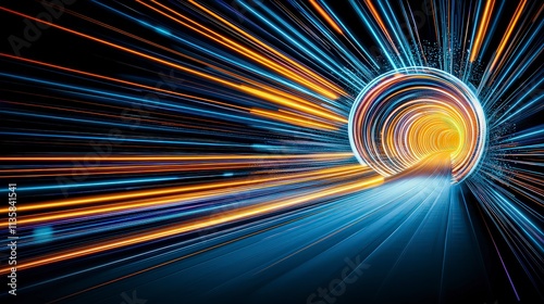 Abstract Glowing Tunnel  Orange   Blue Light Trails  Speed  Energy  Motion photo