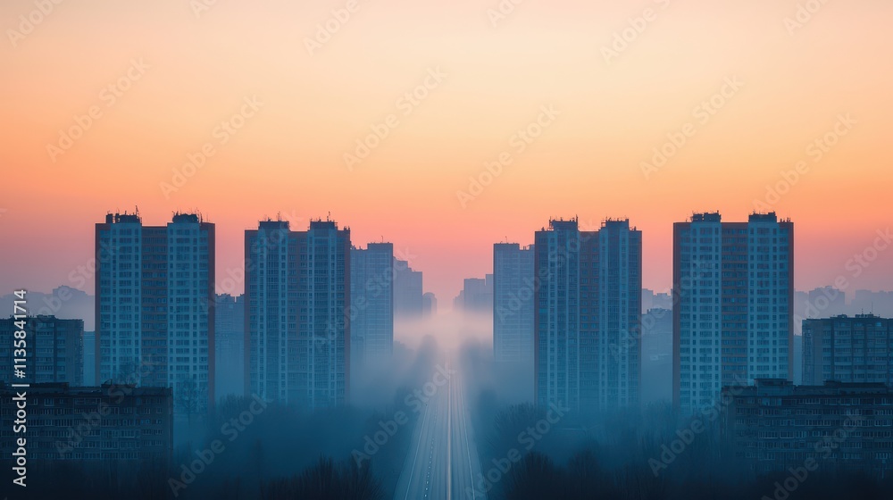 Urban Landscape at Sunrise with Mist Over Misty City Buildings Urban Landscape at Sunrise with Mist Over Misty City Buildings