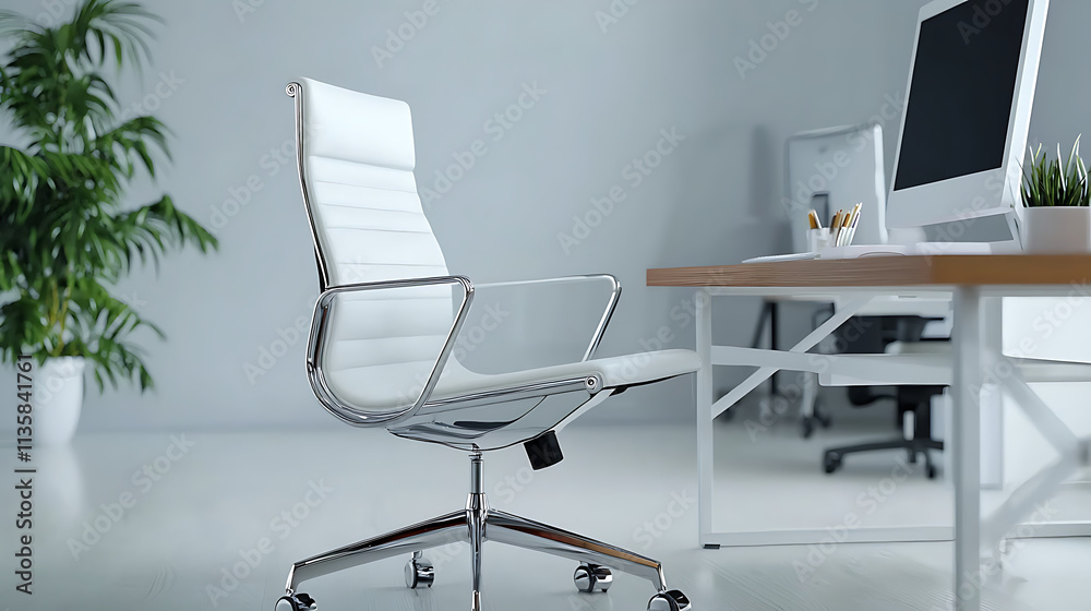A white office chair sits in front of a desk with a computer monitor A white office chair sits in front of a desk with a computer monitor