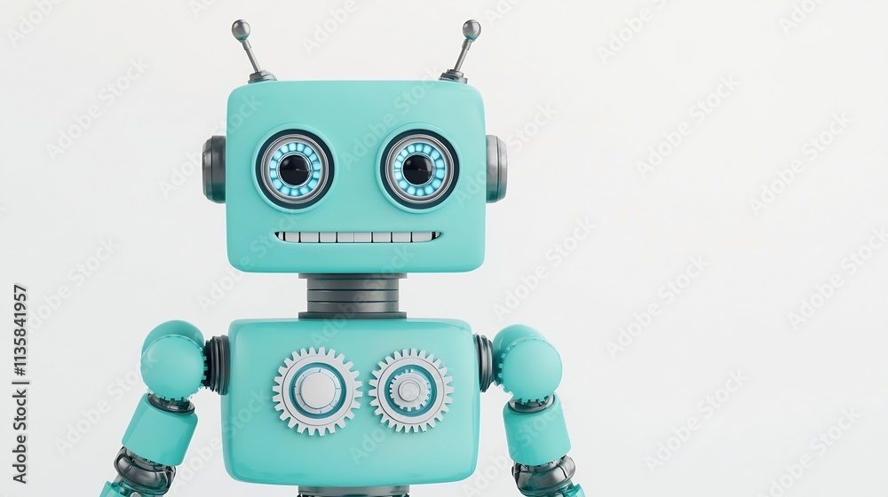 Fototapeta premium Cheerful Blue Cartoon Robot Surrounded by Floating Mechanical Gears