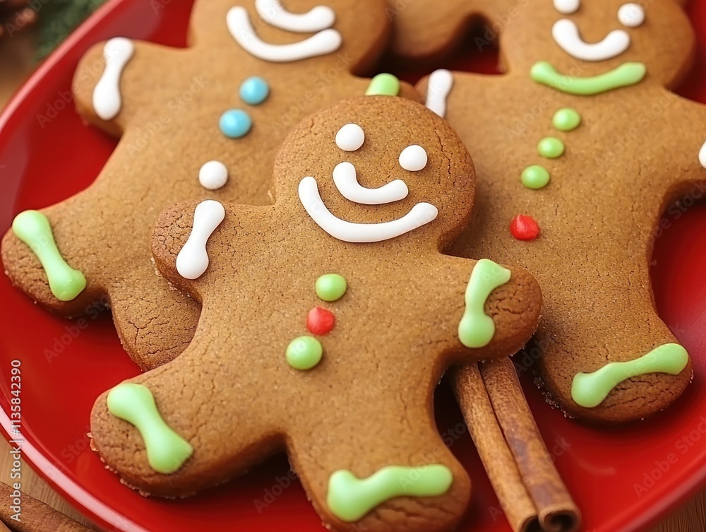 Close-up of delicious, decorated gingerbread men cookies on a red plate, with cinnamon sticks. Close-up of delicious, decorated gingerbread men cookies on a red plate, with cinnamon sticks.