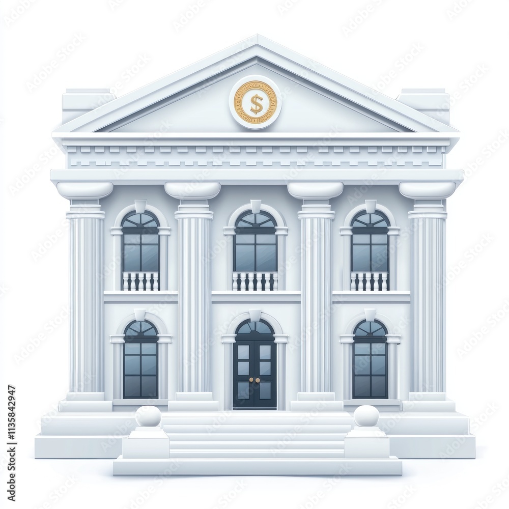 Obraz premium Classic architectural bank building with white columns, a golden dollar sign, and an inviting entrance featuring steps and a symmetrical design for financial themes
