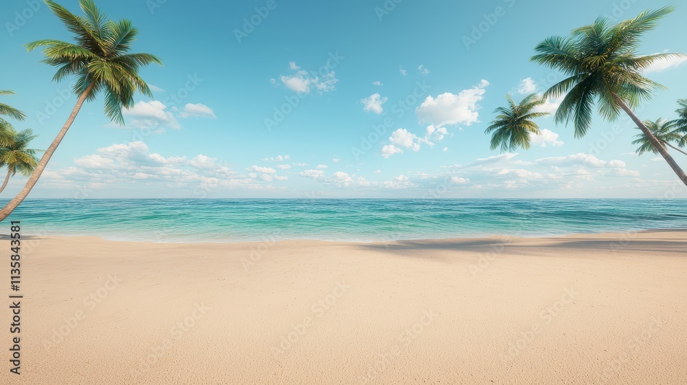 Idyllic Tropical Beach Scene with Palm Trees and Ocean Idyllic Tropical Beach Scene with Palm Trees and Ocean