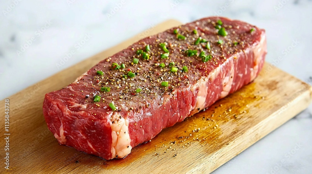 Freshly Cut Beef Steak with Green Onions and Spices on Wooden Board Freshly Cut Beef Steak with Green Onions and Spices on Wooden Board