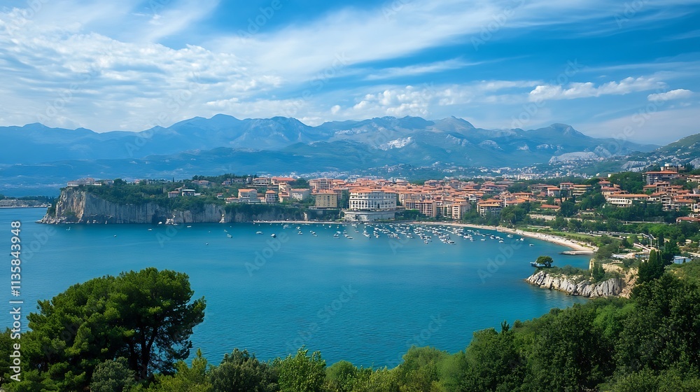 Coastal city panorama, beautiful Mediterranean landscape. Concept of travel, vacation, and scenic beauty. Coastal city panorama, beautiful Mediterranean landscape. Concept of travel, vacation, and scenic beauty.