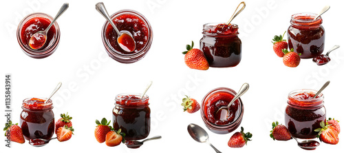 Collection of various A jar of homemade strawberry jam with a spoon isolated on white transparent background PNG set