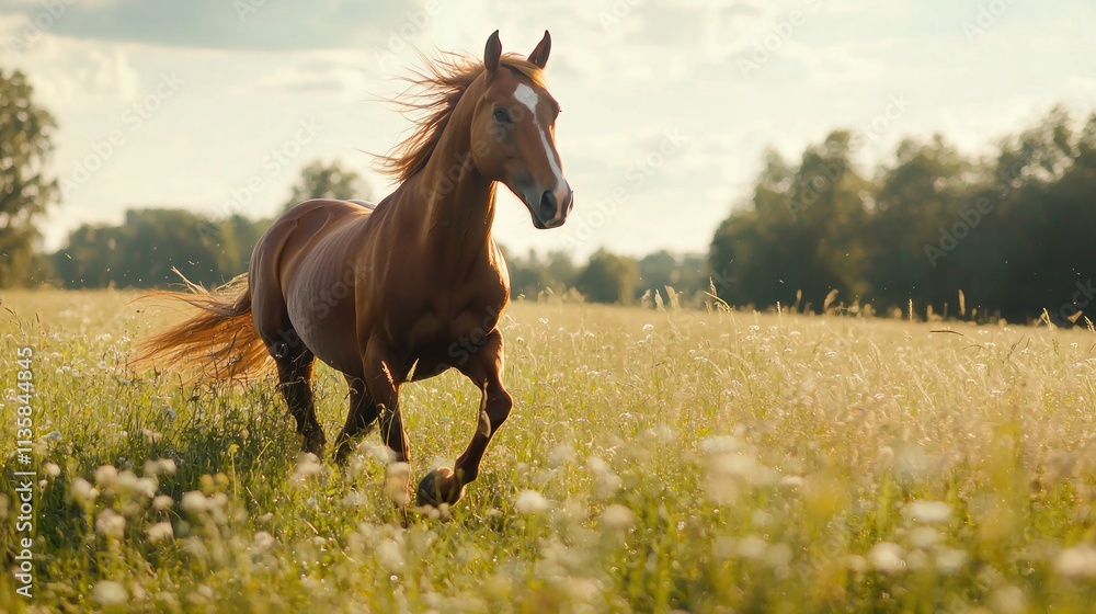 Fototapeta premium A horse galloping through a meadow.