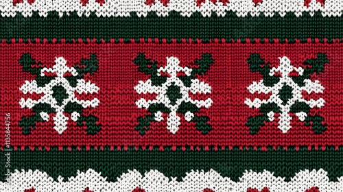 Christmas sweater pattern background with red, green, and white colors holiday knitting design for a card, poster, or banner template,


