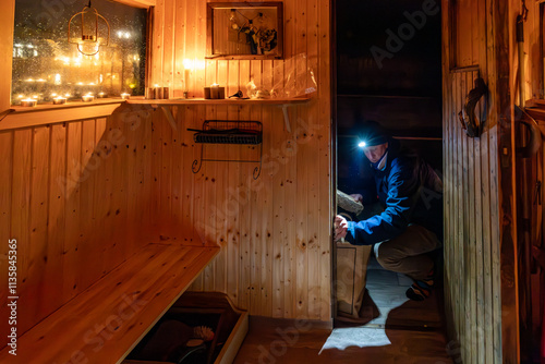 Stockholm, Sweden A man lights the wood stove insider a sauna. photo