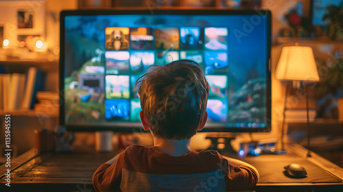 Kids illustration artistic image of artist pull a ton of picture from pc monitor.