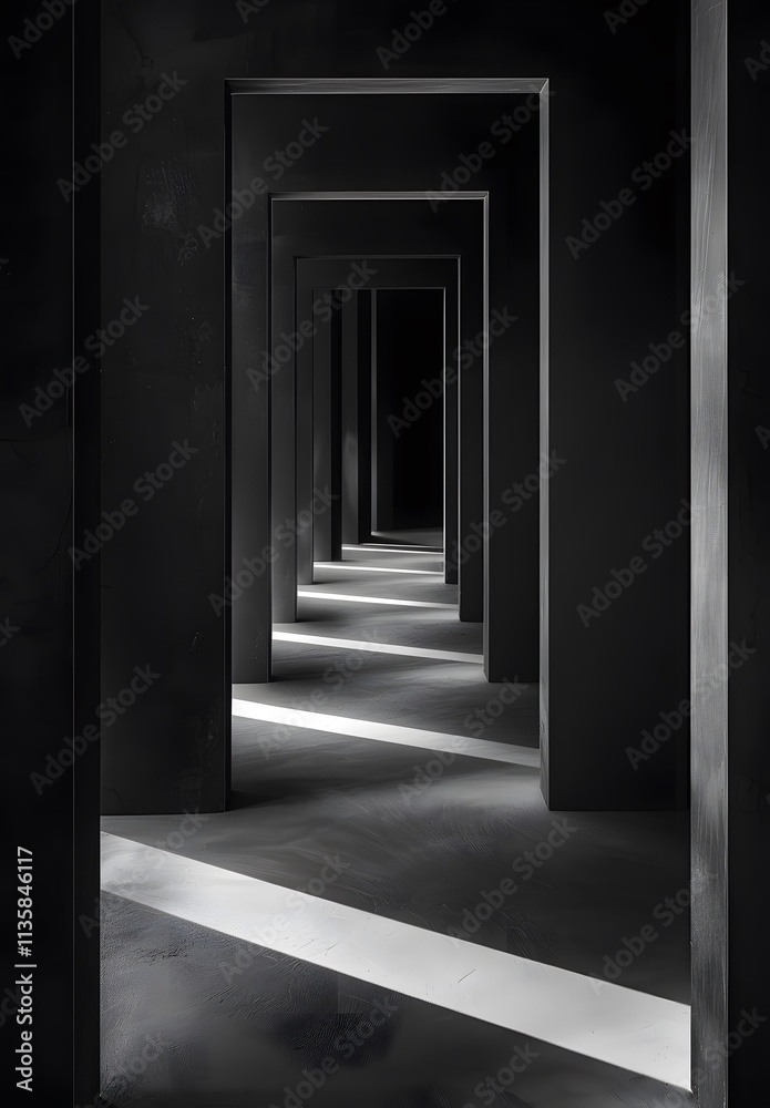 Minimalist black and white of an empty room with symmetrical doorways Minimalist black and white of an empty room with symmetrical doorways