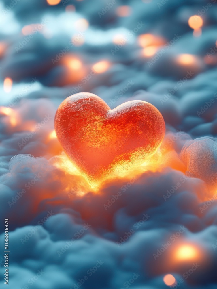 Fototapeta premium Glowing heart-shaped candle surrounded by soft golden hues on a dreamlike cloud surface