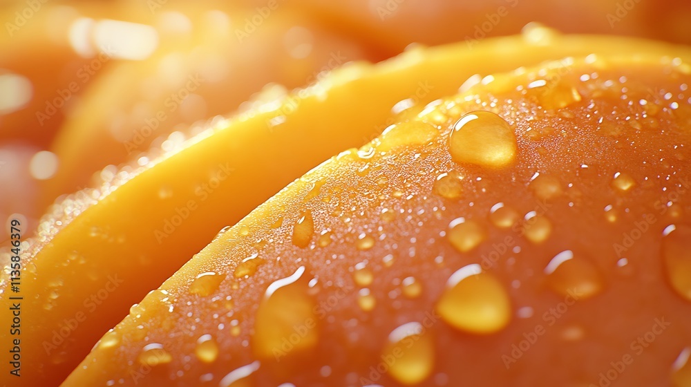 A luscious mango slice, intricate textures glowing under soft golden light, tiny water droplets enhancing its tropical freshness, A luscious mango slice, intricate textures glowing under soft golden light, tiny water droplets enhancing its tropical freshness,