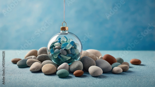 A glass Christmas ornament filled with colorful sea stones shimmers against a blue background, creating a unique and festive coastal scene. photo